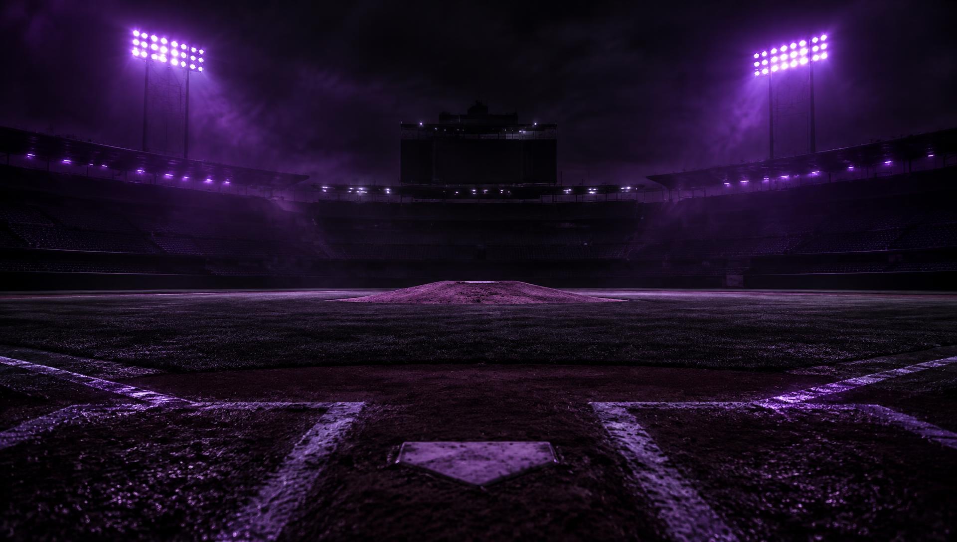 Empty pitcher's mound under purple stadium lights